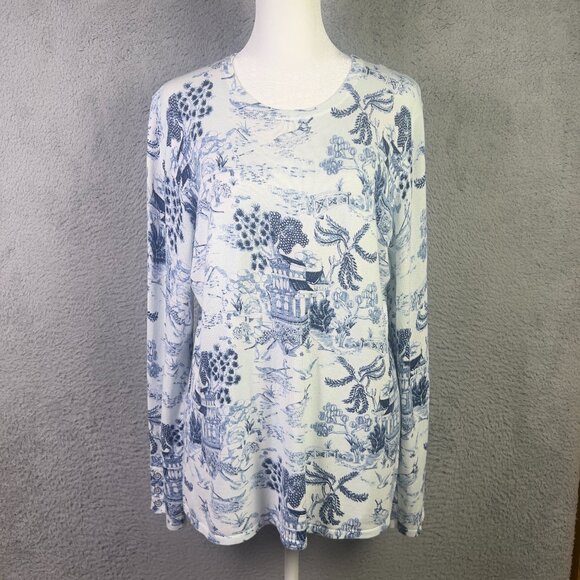 J. McLaughlin Sweaters - J Mclaughlin Sweater Womens Large White Blue Printed Long Sleeve Preppy